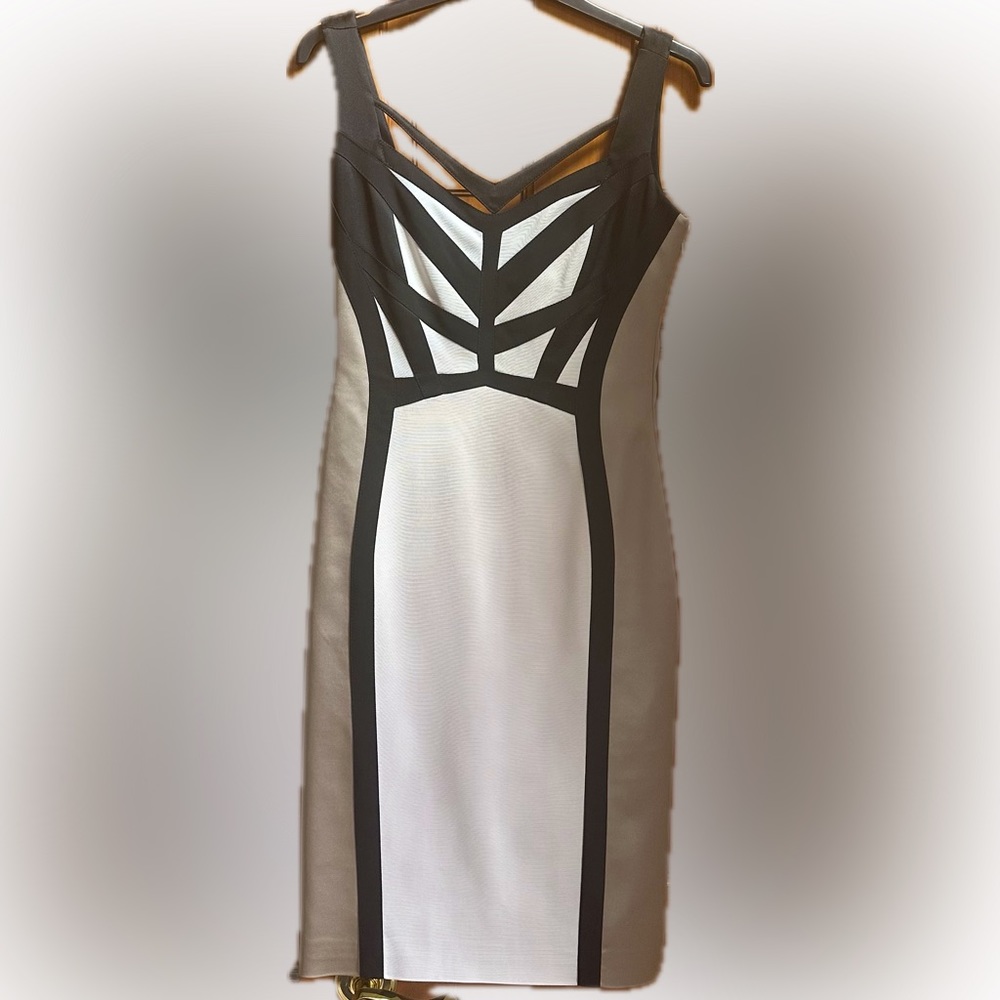 Karen Millen Black, Tan, and Cream Cocktail Dress.